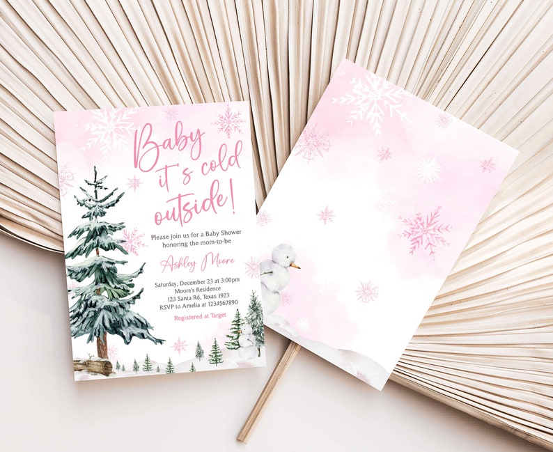 Bebé editable hace frío afuera invitación de baby shower, invitación de baby shower del país de las maravillas de invierno de niña, invitación de baby shower de copo de nieve rosa, 0544 imagen 2