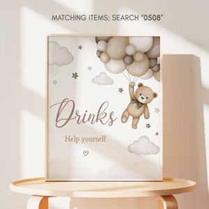 Gender Neutral Bear Baby Shower Drink Sign, We Can Bearly Wait Baby Shower Drinks Table Sign, Brown Balloon Bear Baby Shower Decor Sign 0508