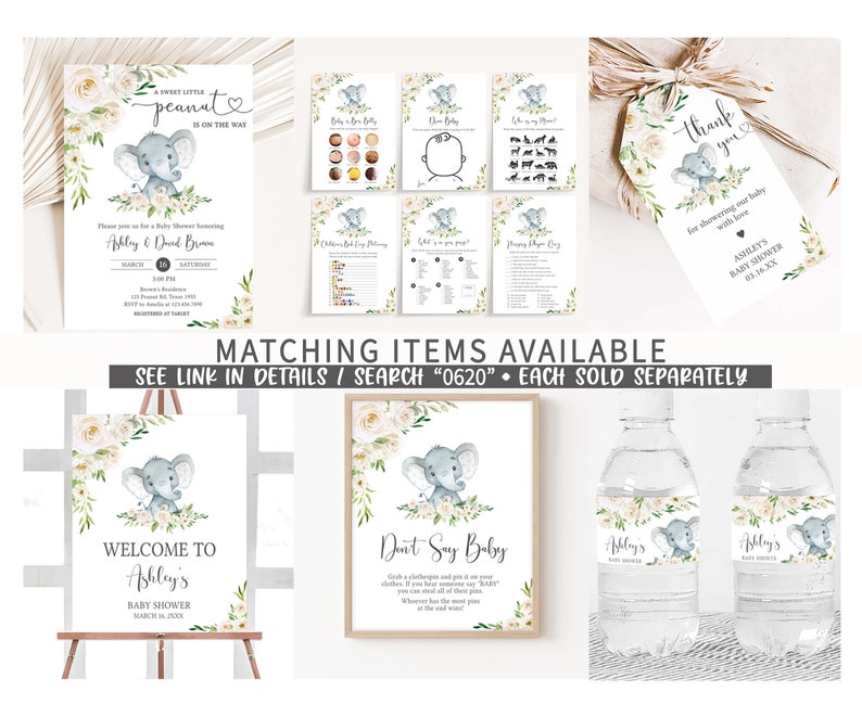 May include: A set of printable baby shower decorations featuring a cute grey elephant with floral accents. The set includes a welcome sign, a don't say baby game, water bottle labels, and a thank you tag. The text on the welcome sign reads "Welcome to Ashley's Baby Shower March 18, 2023". The text on the don't say baby game reads "Don't Say Baby". The text on the water bottle labels reads "Ashley's Baby Shower". The text on the thank you tag reads "Thank you for showering our baby with love Ashley's Baby Shower 03.18.XX".