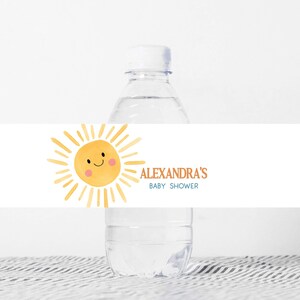 Etichetta modificabile per biberon per baby shower "Ecco che arriva il figlio", etichetta per acqua per baby shower retrò Boho Sunshine, adesivi per biberon "Ecco che arriva il sole", 01053