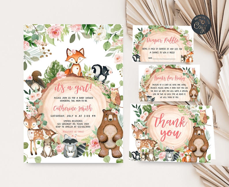 May include: It's a girl! Baby shower invitation with a woodland theme. The invitation features a pink and white color scheme with a variety of woodland animals, including a fox, a bear, a deer, a raccoon, and an owl. The text on the invitation reads "It's a girl!" and includes the date, time, and location of the baby shower.
