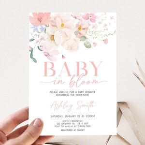 Editable Baby in Bloom Baby Shower Invitation, Pink Floral Wildflowers Baby Shower Invite, Spring Flowers Girl Baby Shower Invitation, 01009