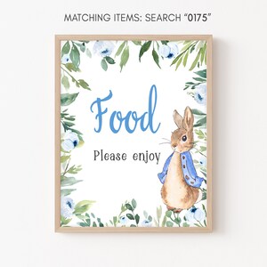 Peter Rabbit Food Sign, Blue Peter Rabbit Baby Shower Sign, Rustic Greenery Food Table Sign Boy Bunny Baby Shower Decoration, Printable 0175