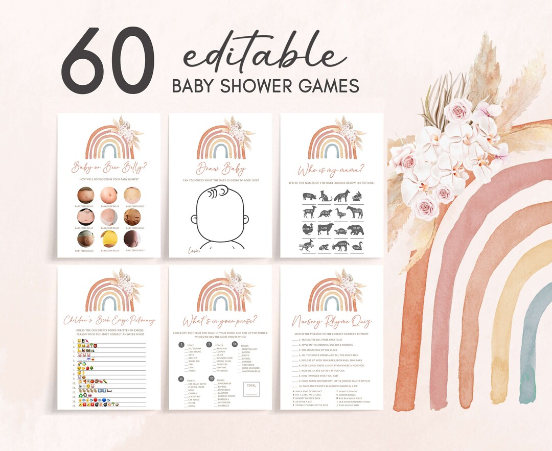 Editable Boho Rainbow Baby Shower Games Bundle, Pink Pampas Grass Boho ...