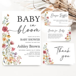 Editable Baby in Bloom Baby Shower Invitation Bundle, Boho Wildflower Baby Shower Invite Set, Spring Floral Baby Shower Invite Pack, 0627 image 1
