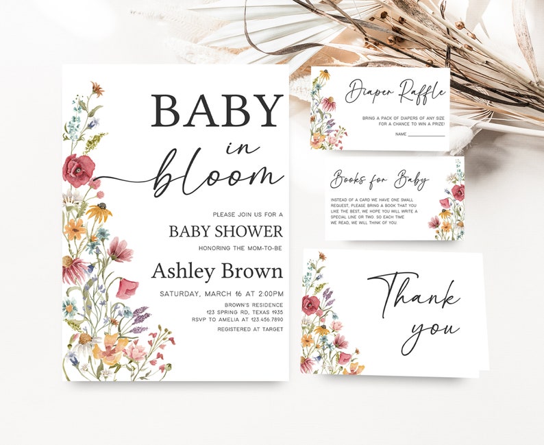 Editable Baby in Bloom Baby Shower Invitation Bundle, Boho Wildflower Baby Shower Invite Set, Spring Floral Baby Shower Invite Pack, 0627 image 1