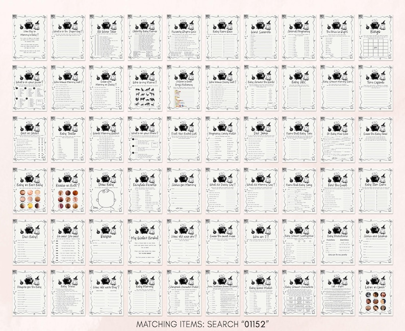 a grid of various items with black text and illustrations, likely for a matching game or activity. The items appear to be related to Halloween or a similar theme, as suggested by the phrases "Halloween" and "Matching Items." The image is not a single photograph but rather a collection of individual images that have been arranged in rows and columns. The text and illustrations are not repetitive and are not described in detail, focusing on providing a clear and concise description of the image.