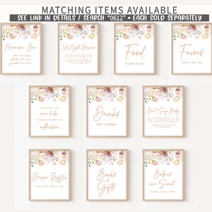 May include: Set of ten printable signs for a baby shower with a floral design. The signs include "Mimosas Bar", "Late Night Snacks", "Food", "Favors", "Please Help the Mom-to-be by Making Yourself the Addressee", "Drinks", "Don't Say Baby", "Diaper Raffle", "Books & Gifts", and "Babies are Sweet".