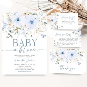 Editable Baby in Bloom Boy Baby Shower Invitation Bundle, Dusty Blue Wildflower Baby Shower Invite Set, Boy Spring Flowers Baby Shower, 0684