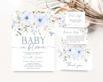 Editable Baby in Bloom Boy Baby Shower Invitation Bundle, Dusty Blue Wildflower Baby Shower Invite Set, Boy Spring Flowers Baby Shower, 0684
