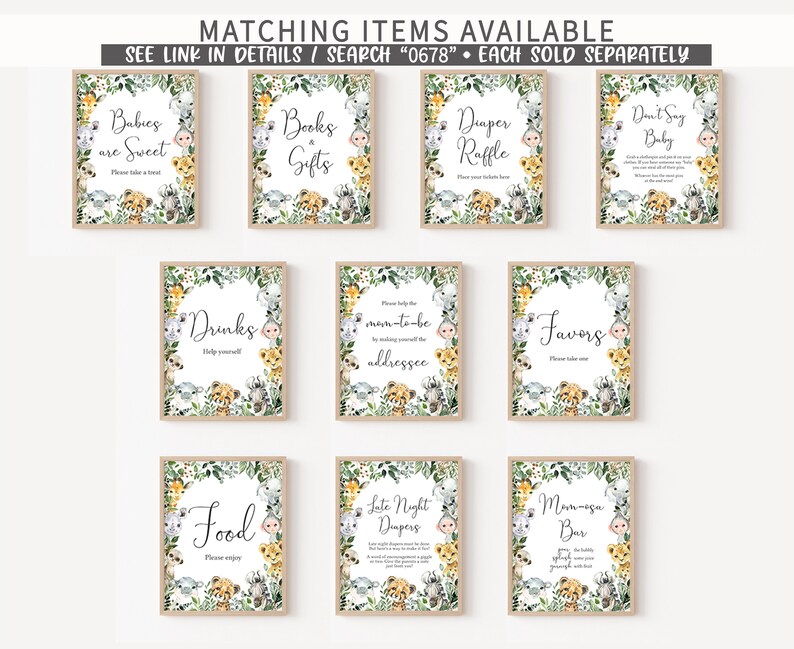K&ouml;nnte beinhalten: Zehn druckbare Schilder f&uuml;r eine Babyparty mit Dschungeltier-Motiv. Die Schilder sind mit Aquarell-Illustrationen von Tieren wie L&ouml;wen, Tigern und Affen verziert. Die Schilder tragen Titel wie "Babys sind s&uuml;&szlig;", "B&uuml;cher & Geschenke", "Windel-Tombola", "Getr&auml;nke", "Die Adresse der werdenden Mutter", "Geschenke", "Essen", "Sp&auml;tnachts-Windeln", "Mom-ega-Bar" und "Sag nicht Baby".