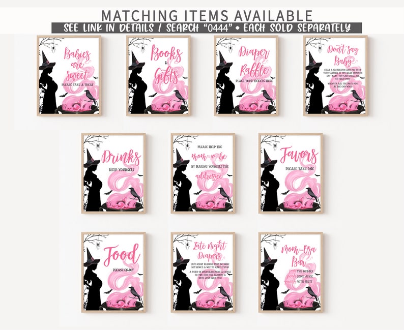 May include: A collection of framed signs with a Halloween theme. Each sign features a black silhouette of a pregnant woman wearing a witch hat, a pink ghost, and a black crow. The signs have text like "Babies are Sweet" and "Diaper Raffle."