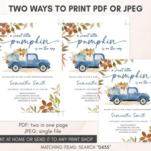 Editable Blue Pumpkin Pickup Truck Baby Shower Invitation Bundle, Fall Baby Shower Invite Set, Boy Autumn Baby Shower Invitation Pack 0435 image 4