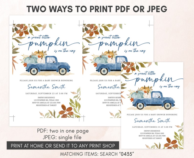 Editable Blue Pumpkin Pickup Truck Baby Shower Invitation Bundle, Fall Baby Shower Invite Set, Boy Autumn Baby Shower Invitation Pack 0435 image 4