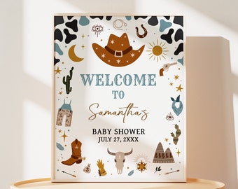 Editable Little Cowboy Baby Shower Welcome Sign, Blue Wild West Baby Shower Welcome Poster, Country Western Rodeo Baby Shower Sign, 0724