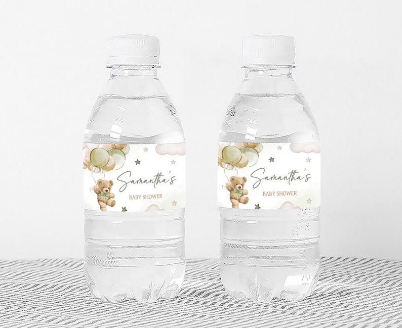 a bottle of water with a teddy bear on it