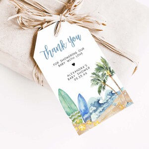 Editable Baby on Board Baby Shower Favor Tag, Surf Board Beach Baby Shower Gifts Tag, Surfing Summer Boy Baby Shower Thank You Tags, 0677 image 3