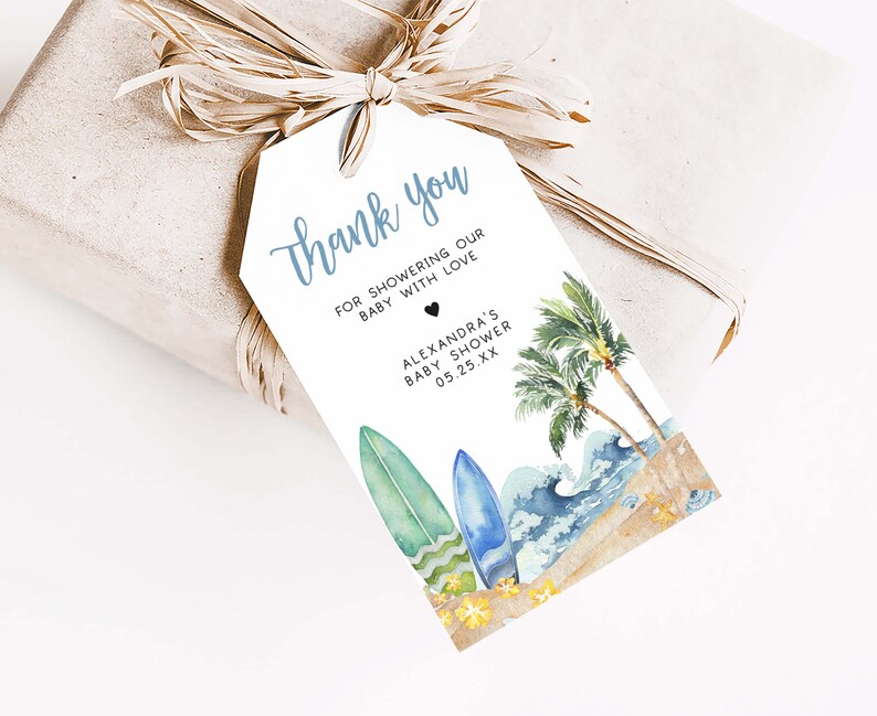 Editable Baby on Board Baby Shower Favor Tag, Surf Board Beach Baby Shower Gifts Tag, Surfing Summer Boy Baby Shower Thank You Tags, 0677 image 3