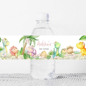 Editable Baby Girl Dinosaur Baby Shower Bottle Label, Floral Dino Baby Shower Water Labels, Greenery Dinosaur Girl Bottle Stickers, 0688 image 1