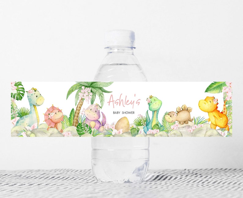 Editable Baby Girl Dinosaur Baby Shower Bottle Label, Floral Dino Baby Shower Water Labels, Greenery Dinosaur Girl Bottle Stickers, 0688 image 1
