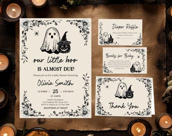 Editable Little Boo is Almost Due Baby Shower Invitation Bundle, Black Floral Gothic Baby Shower Invite, Ghost Halloween Shower Invite 01151