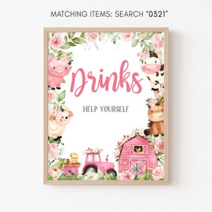 Farm Baby Shower Drinks Sign, Floral Pink Barnyard Baby Shower Drinks Table Sign, Girl Farm Animals Decor Party Sign Printable Template 0321