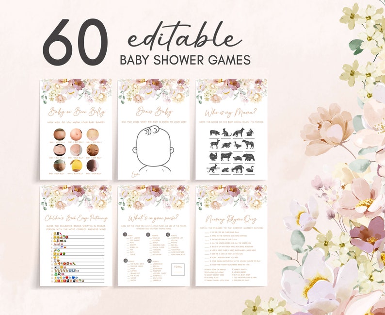 Paquete editable de juegos de baby shower Baby in Bloom, paquete de juegos de baby shower de primavera, juego de juegos de baby shower de flores silvestres, ducha floral de primavera, 0612 imagen 1