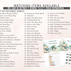 May include: A printable set of baby shower games with a green, blue, and white color scheme. The games include "How Big is Mommy's Belly?", "What's in the Diaper Bag", "Old Wives Tales", "Celebrity Baby Names", "Nursery Rhyme Quiz", "Baby Name Race", "Word Scramble", "Animal Pregnancy", "The Price is Right", "Bingo", "What's in your purse?", "Who knows Mommy best?", "Guess who Mommy or Daddy?", "Who is my Mama", "Children's Book Emoji Pictionary", "Who knows Daddy best?", "Baby Around the World", "Baby ABC", "Baby Shower Memory Game", "Time Capsule", "Over or Under", "Baby Traits", "Would Mommy Rather", "What's on your Phone?", "First Year Bucket List", "Pregnancy Candy Match", "Dad Jokes", "Name that Baby Tune", "Oh Baby Mad Libs", "Guess The Baby Food", "Baby or Beer Belly", "Boobs or Butt", "Draw Baby", "Fairytale Parents", "Advice for Mommy", "What Did Daddy Say", "What Did Mommy Say", "Name that Baby Song", "Find the Guest", "Baby Item Game", "Dear Baby", "He said She said", "Recipes", "My Water Broke!", "How old was she?", "Guess the sweet mess", "Who am I?", "Baby Shower Scattegories", "Baby Predictions", "Advice and Wishes", "Prayers for the Baby", "Baby Trivia", "How old were they?", "Baby Memory", "Storybook Character Match", "Baby Traditions Around the World", "Baby Word Match", "Baby Shower Characters", "Left - Right", "Labor or Lovin'".