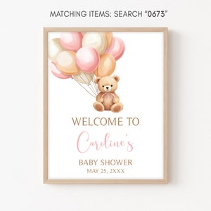 Editable Brown Bear Baby Shower Welcome Sign, Pink Balloon Boho Baby Shower Welcome Poster, We Can Bearly Wait Girl Baby Shower Sign, 0673 image 3