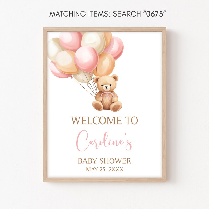 Editable Brown Bear Baby Shower Welcome Sign, Pink Balloon Boho Baby Shower Welcome Poster, We Can Bearly Wait Girl Baby Shower Sign, 0673 image 3