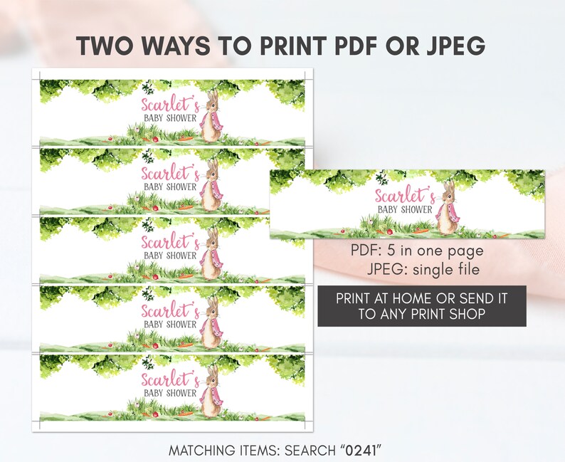 Editable Pink Peter Rabbit Baby Shower Bottle Label, Girl Rustic Bunny Baby Shower Water Label, Spring Garden Party Printable Template 0241 image 4