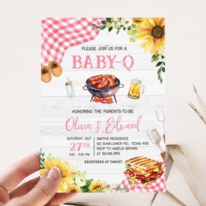 Editable Sunflower Pink Baby-Q Baby Shower Invitation, Girl BBQ Baby Shower Invite, Floral Backyard Gingham Picnic Baby Shower Invite, 0820