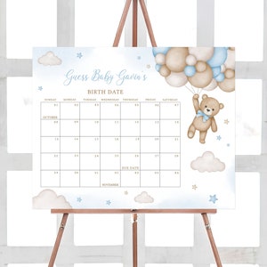 Bearbeitbarer Bären-Ballon-Babyparty-Fälligkeitsdatumskalender, Blau Wir können Bären-Babypartykalender warten, Jungen Boho Bär Geburtstagsvorhersagen, 0504