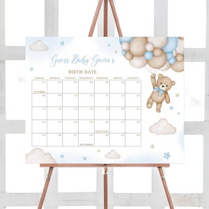 Editable Bear Balloon Baby Shower Due Date Calendar, Blue We Can Bearly Wait Baby Shower Calendar, Boy Boho Bear Birthday Predictions, 0504