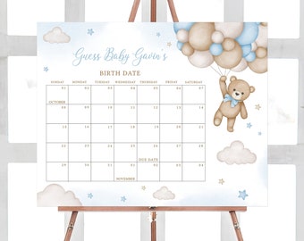Editable Bear Balloon Baby Shower Due Date Calendar, Blue We Can Bearly Wait Baby Shower Calendar, Boy Boho Bear Birthday Predictions, 0504