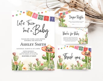Può includere: Un invito a un baby shower con un tema di cactus e sombrero. L'invito dice "Let's Taco 'bout a Baby" e include il nome Ashley Smith, la data e l'ora del baby shower, e l'indirizzo. Ci sono anche delle carte per una lotteria di pannolini, libri per il bambino, e un biglietto di ringraziamento.