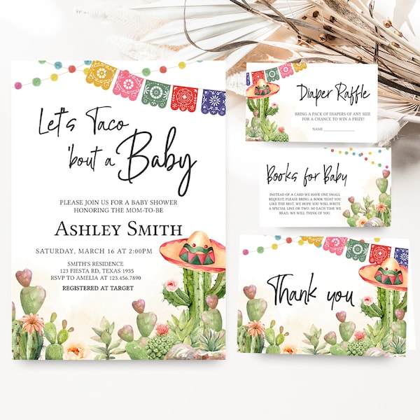 Editable Taco Bout A Baby Shower Invitation Bundle, Fiesta Baby Shower Invite Set, Cactus Mexican Baby Shower Invitation, Cactus Floral 0637