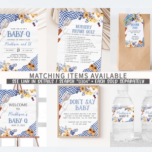 Peut inclure: Un ensemble de d&eacute;corations de f&ecirc;te de baby shower imprimables avec un motif vichy bleu et blanc, des tournesols et un th&egrave;me de chaussures de b&eacute;b&eacute;. L'ensemble comprend une invitation, une pancarte de bienvenue, un quiz de rimes de la cr&egrave;che, un jeu de "ne dites pas b&eacute;b&eacute;" et des &eacute;tiquettes pour bouteilles d'eau. Le texte de l'invitation est "Veuillez vous joindre &agrave; nous pour un Baby-Q en l'honneur des futurs parents Maddison et Ed. Samedi 27 &agrave; 15h00."