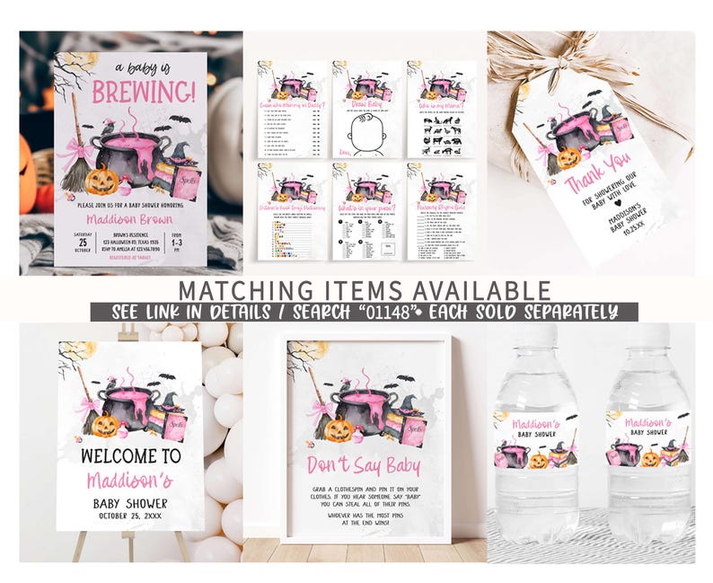 The image is a collage of various Halloween-themed items, including a baby shower invitation, a thank you card, and a set of matching items available for purchase.