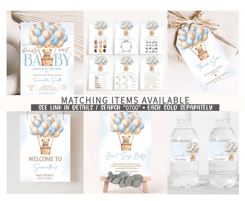 Panneau de bienvenue modifiable pour baby shower ours en montgolfière, affiche de bienvenue pour baby shower garçon nous pouvons attendre, baby shower bohème ours bleu, 0700 image 2