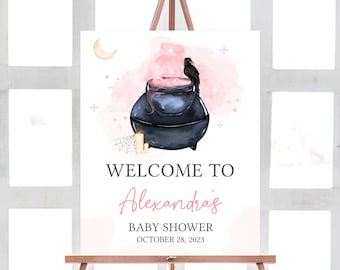 Edytowalny znak powitalny na baby shower z napisem „A Baby is Brewing”, plakat powitalny na baby shower z napisem „Dziewczynka z Halloween”, różowy znak powitalny na baby shower z napisem „Wiedźma” 0463