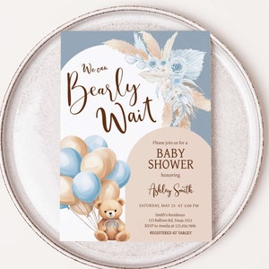 Editable Bear Baby Shower Invitation Bundle, We Can Bearly Wait Boho Baby Shower Invite Set, Blue Balloon Arch Boy Baby Shower Invite, 0690 image 3