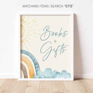 Aquí viene el signo de regalos y libros de baby shower del hijo, letrero de regalos de baby shower retro Sunshine, Boho Aquí viene el letrero de baby shower del sol, 0713