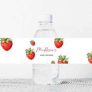 Editable Strawberry Baby Shower Bottle Label, Minimalist Red Strawberry Baby Shower Water Label, Berry Sweet Baby Shower Bottle Sticker 0631 image 1