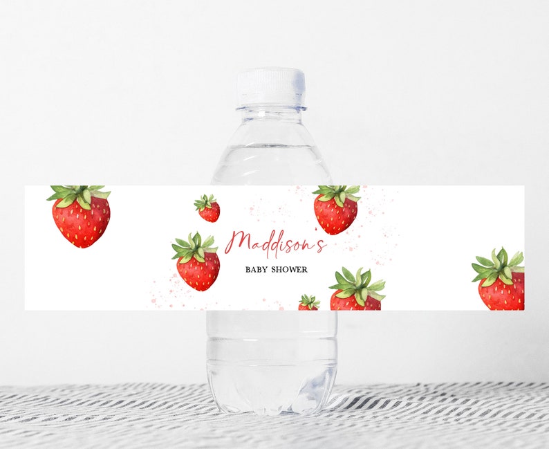 Editable Strawberry Baby Shower Bottle Label, Minimalist Red Strawberry Baby Shower Water Label, Berry Sweet Baby Shower Bottle Sticker 0631 image 1