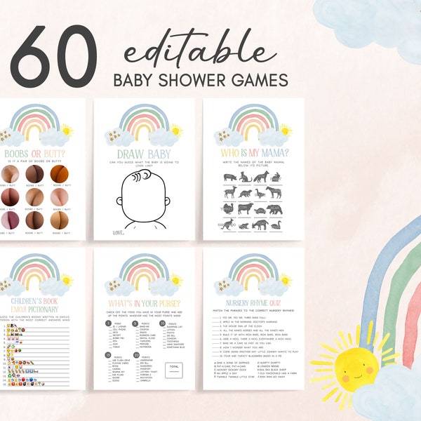 Editable Pastel Rainbow Baby Shower Games Bundle, Little Ray of Sunshine Baby Shower Game Pack, Gender Neutral Games Printable Template 0250