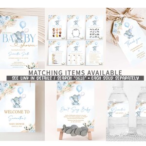 Puede incluir: Invitaci&oacute;n a una baby shower azul y blanca con un lindo elefante sosteniendo un globo azul. La invitaci&oacute;n dice "&Uacute;nete a nosotros para una Baby Shower" e incluye el nombre "Samantha Smith".