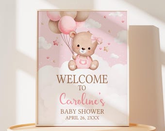 Bearbeitbar We Can BearlyWait Babyparty Willkommensschild, Rosa Bär Babyparty Willkommensplakat, Mädchenbär Ballon Boho Babypartyschild, 01105