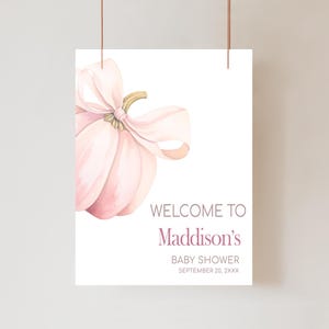 Editable Sweet Little Pumpkin Baby Shower Welcome Sign, Pink Pumpkin Bow Baby Shower Welcome Poster, Girl Pumpkin Fall Baby Shower, 01128