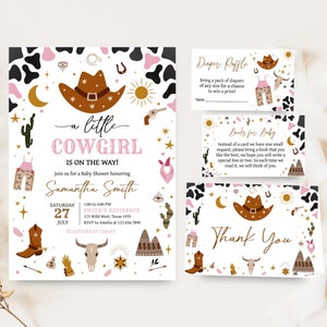 Editable Cowgirl Baby Shower Invitation Bundle, Little Cowgirl Rodeo Baby Shower Invite Set, Pink Western Wild West Baby Shower Invite, 0728